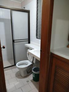 布卡拉曼加Hotel Sevilla Plaza的浴室配有卫生间、盥洗盆和淋浴。