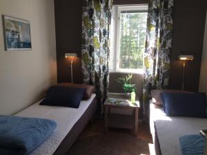 胡迪克斯瓦尔Hostel Hudiksvall Malnbaden Camping的一间卧室设有两张床和窗户。