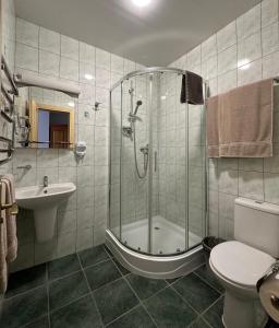 马里扬泊列凯塔旅馆的带淋浴、卫生间和盥洗盆的浴室