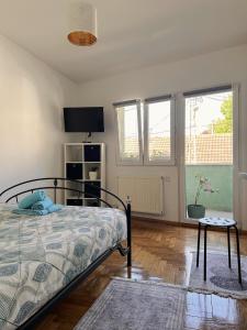 贝尔格莱德IVA Belgrade Apartment的卧室配有床、桌子和窗户。