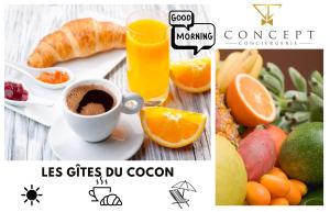 Cadetles gites du cocon的一份包含橙子和橙汁的早餐图片的拼贴画