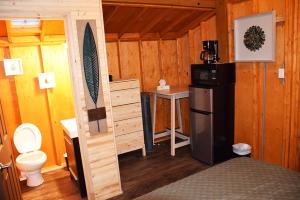 班克罗夫特Footprints Resort的小屋内设有一间带冰箱和水槽的浴室