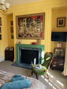 伊尔克利Chez Vivienne的客厅设有壁炉和绿色椅子