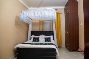 LiraKica Apartment with Airconditioned bedrooms in Lira, Uganda的一间卧室配有一张带两个枕头的天蓬床