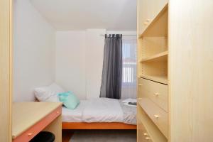斯普利特Apartman Bačvice near the beach的一间带一张床和一个衣柜的小卧室