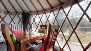 派西亚岛屿湾假日公园 的窗户客房内的一张木桌和椅子