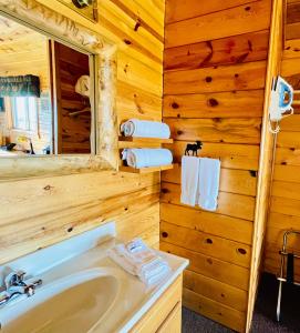 沃尔Badlands Frontier Cabins的一间带水槽和镜子的浴室