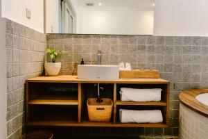 塞米亚克布朗费德酒店的浴室配有盥洗盆和带毛巾的台面。