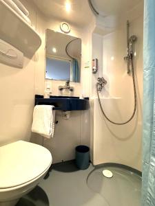 布拉尼亚克法斯特酒店的浴室配有卫生间、盥洗盆和淋浴。