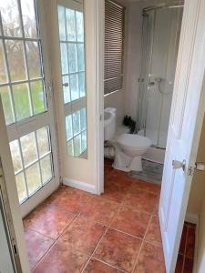KentGravesend 1 bedroom Apartment的一间带卫生间和淋浴的浴室以及窗户。
