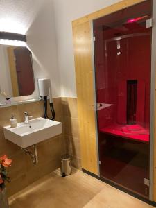 格赖茨森林乡村酒店的一间带水槽和红色淋浴的浴室