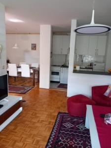 萨拉热窝Stan Breka的一间带红色沙发的客厅和一间厨房