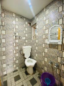 斯利那加Pall Residency的一间带卫生间和瓷砖墙的浴室