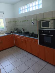 莱特鲁瓦西莱Pagerie bas de villa的厨房配有橙色橱柜、微波炉和炉灶。