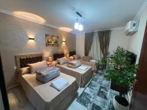 开罗Luxury apartment downtown - Cairo的一间带两张床和一张沙发的客厅