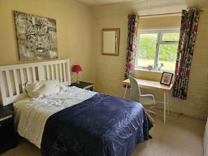 吉尔福德English Farmhouse Cottage的一间卧室配有一张床、一张书桌和一个窗户。