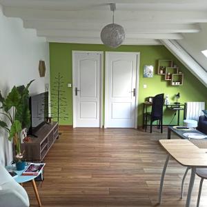 鲁法克Joli gîte F2 indépendant avec jardin privé的客厅设有绿色的墙壁和白色的门