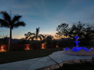 乌代浦Monkey Retreat Resort的庭院里的喷泉,背景是日落