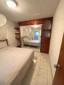 查尔斯城Coconut house Charlestown nevis的一间卧室配有一张床和镜子