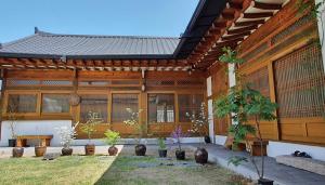 庆州Stay Sayu Hanok的一座带庭院的建筑,种植了盆栽植物