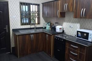 东勒贡Modern serviced apartment.的厨房配有木制橱柜、水槽和微波炉