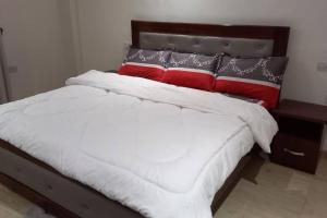 东勒贡Modern serviced apartment.的一张带白色床单和红色枕头的床