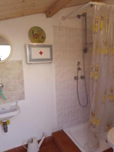 奎尔瑟Casa vacanze Sa Rocchitta的浴室设有淋浴,墙上有红色的十字架