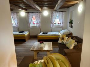 哲汀泊德勒瓦Chalupa u Žižky的客厅配有两张床、一张沙发和一张桌子