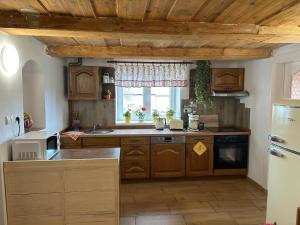 哲汀泊德勒瓦Chalupa u Žižky的厨房配有木制橱柜和窗户。