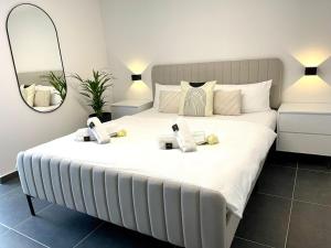 宾德拉赫Stilvolles Designappartment mit Terasse & Garten im idylischem Bindlach的卧室配有一张带镜子的白色大床