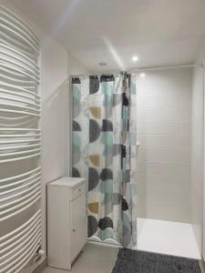 Monthou-sur-Cher奥克斯山度假屋的带淋浴和浴帘的浴室