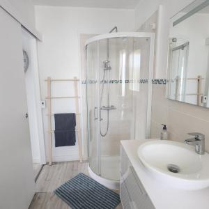 卡布勒通Beach Front Apartment Eljocri的带淋浴和盥洗盆的白色浴室