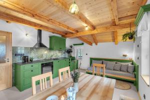 扬斯凯拉兹涅Ludvíkova bouda的厨房设有绿色的橱柜和木制天花板。
