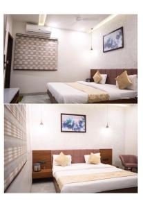 伯杰默里Hotel Abhilasha inn的卧室两张照片,配有两张床