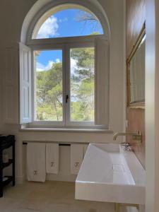 奥尼萨诺Villa Di Noi的一间带大窗户和白色水槽的浴室