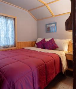 班夫山坡简易别墅的一间卧室配有一张带红色毯子的大床