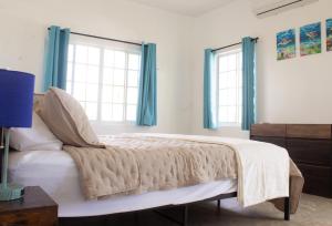 大特克岛The Sunflower Villa的一间卧室设有一张床和两个窗户。