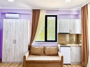 安布罗劳里Khidikari Hotel的厨房拥有紫色的墙壁,窗户前设有沙发