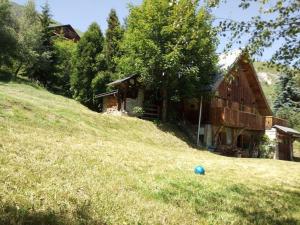 JarrierChalet Savoyard vue panoramique的山坡上的房子,草地上有一球