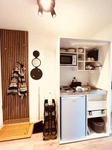 德累斯顿D52 - das Businessapartment的一间带炉灶和微波炉的小厨房