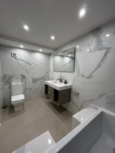 艾日A Eze , Bas de villa piscine près de Monaco的一间带卫生间、水槽和镜子的浴室