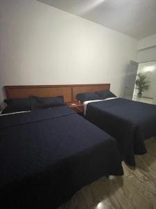 博卡奇卡Hotel Costa Linda Beach Boca Chica的卧室设有两张床,配有蓝色床单