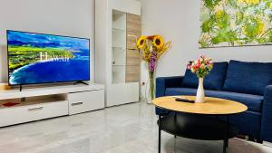布劳施泰因Emily’s Apartment的客厅配有蓝色的沙发和电视