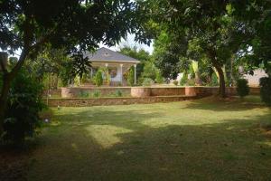 坎帕拉Isabirye residence的一座带门廊和树木庭院的房子