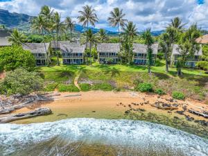 卡帕阿Gardenfront Escape with Ocean Views at Kapa’a Sands 24的海滩上房屋的空中景致