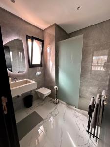 马拉喀什Appartement Prestigia 3 chambres的一间带水槽、卫生间和镜子的浴室