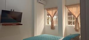 巴克里索莫雷诺港Teresita's House Suite 3 con cocina privada的一间卧室设有平面电视和2个窗户。
