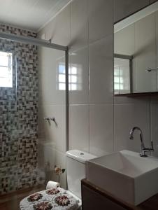 蒙特韦尔迪Recanto lavinia的一间带水槽、卫生间和镜子的浴室