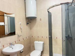 比什凯克Sultan的浴室配有卫生间、盥洗盆和淋浴。
