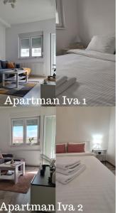 巴尼亚科维利亚查Apartmani Iva的一张床位和客厅卧室的两张照片